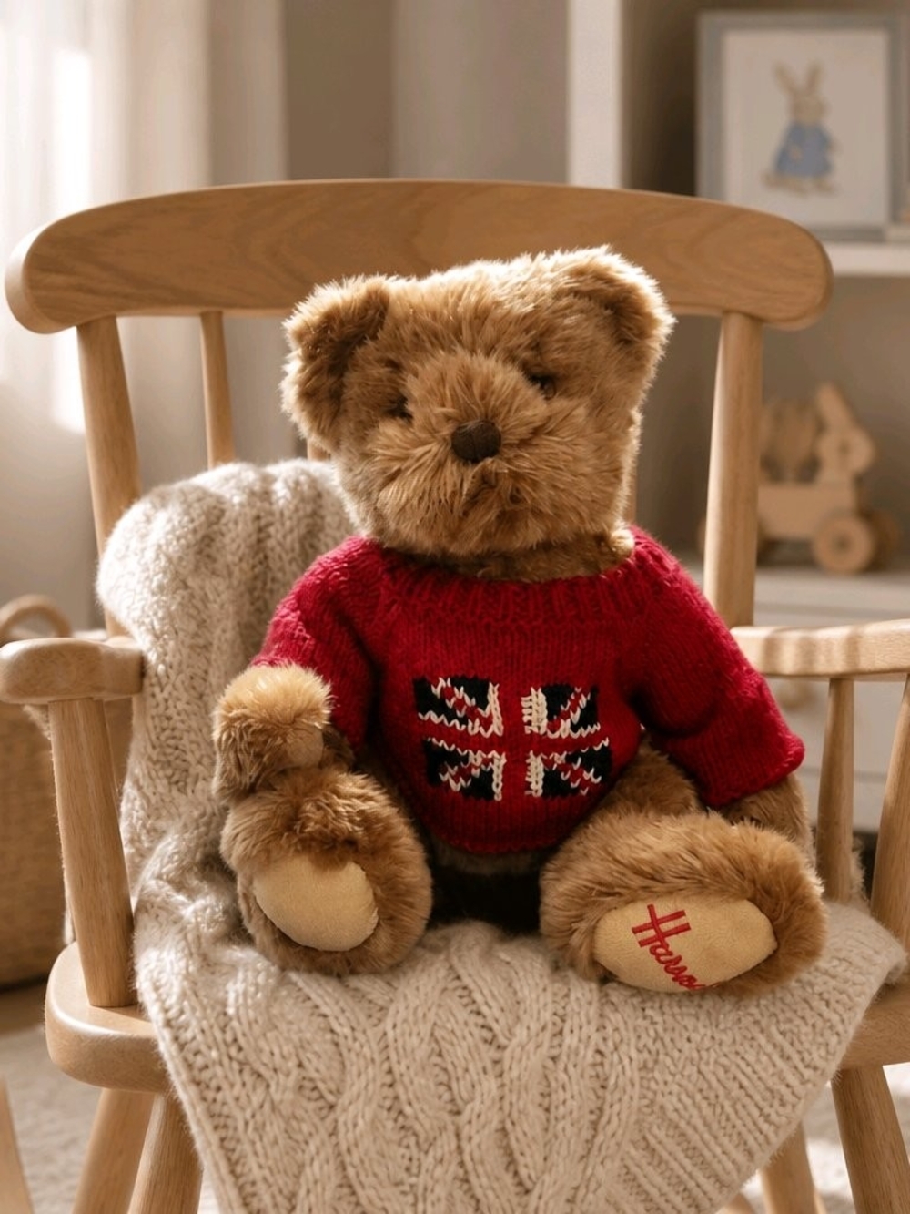 Harrods Knightbridge Plush Bear Red Knit Sweater - Union Jack Detail